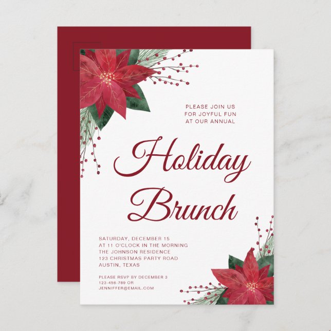 Festive Red Poinsettia Christmas Brunch Invitation Postcard (Front/Back)