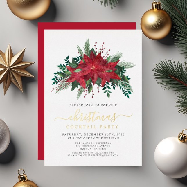 Festive Red Poinsettia Christmas Cocktail Party (Festive Red Poinsettia Christmas Cocktail Party Foil Invitation)