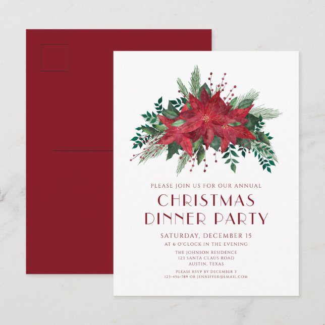 Festive Red Poinsettia Christmas Dinner Invitation Postcard (Front/Back)