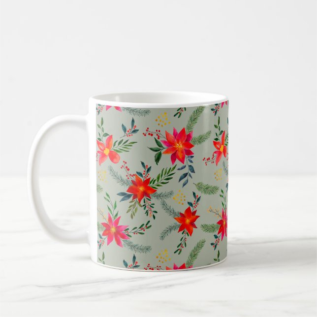 Festive Red Poinsettia Christmas Floral Coffee Mug (Left)