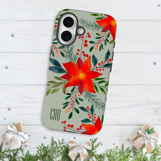 Festive Red Poinsettia Christmas Floral Monogram  Case-Mate iPhone Case (Creator Uploaded)