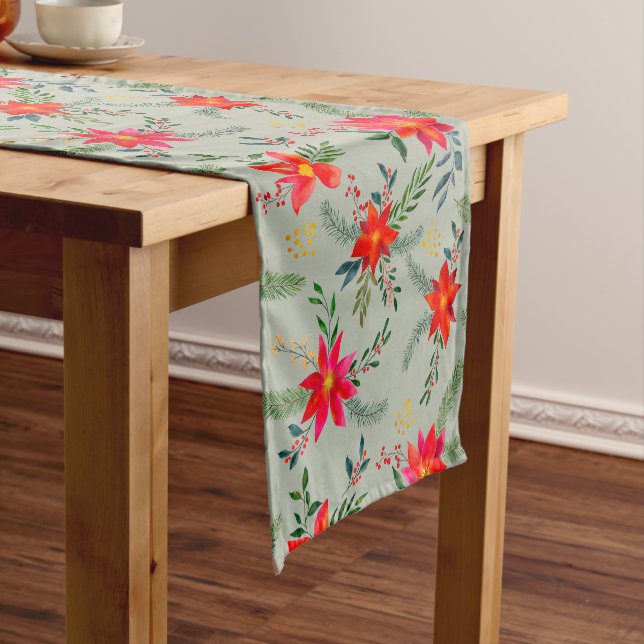 Festive Red Poinsettia Christmas Floral Short Table Runner (In Situ)