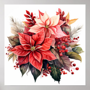 Festive Red Poinsettia Christmas Flowers Poster