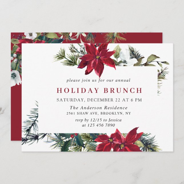 Festive Red Poinsettia Christmas HOLIDAY BRUNCH Invitation (Front/Back)