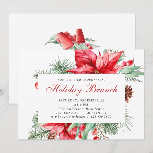 Festive Red Poinsettia Christmas HOLIDAY BRUNCH Invitation (Front/Back)