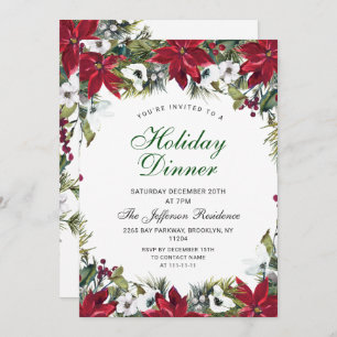 Festive Red Poinsettia Christmas Holiday Dinner Invitation