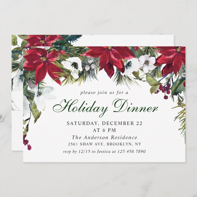 Festive Red Poinsettia Christmas Holiday Dinner Invitation (Front/Back)