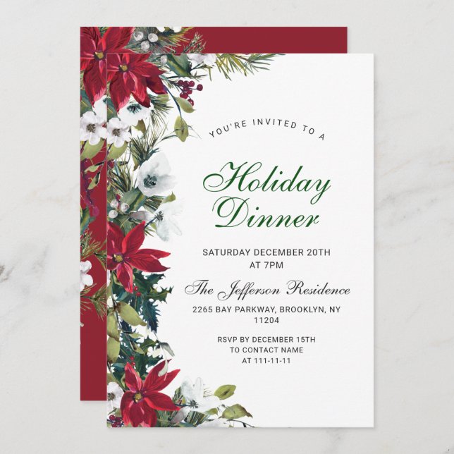 Festive Red Poinsettia Christmas Holiday Dinner Invitation (Front/Back)