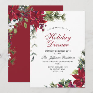 Festive Red Poinsettia Christmas Holiday Dinner Invitation