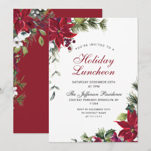 Festive Red Poinsettia Christmas Holiday Luncheon Invitation