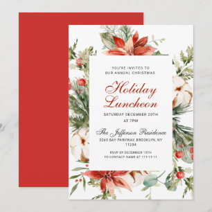 Festive Red Poinsettia Christmas Holiday Luncheon Invitation