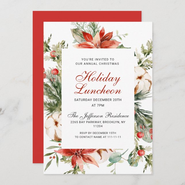 Festive Red Poinsettia Christmas Holiday Luncheon Invitation (Front/Back)