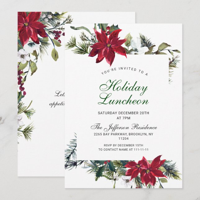 Festive Red Poinsettia Christmas Holiday Luncheon Invitation (Front/Back)