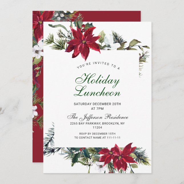 Festive Red Poinsettia Christmas Holiday Luncheon Invitation (Front/Back)