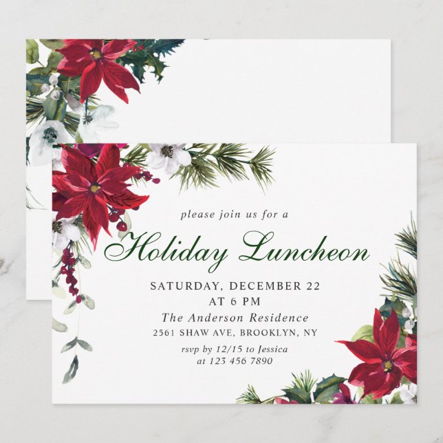Festive Red Poinsettia Christmas Holiday Luncheon Invitation (Front/Back)