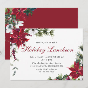 Festive Red Poinsettia Christmas Holiday Luncheon Invitation