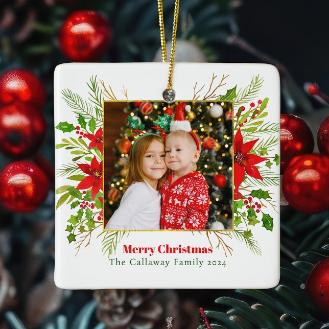 Festive Red Poinsettia Christmas Kids Photo Ceramic Ornament (Creator Uploaded)