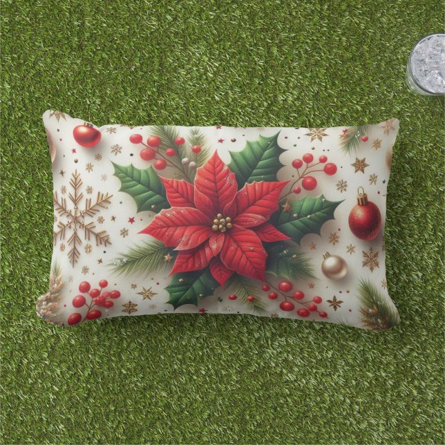 Festive Red Poinsettia Christmas  Lumbar Cushion (Grass)