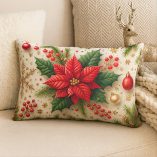 Festive Red Poinsettia Christmas Lumbar Cushion