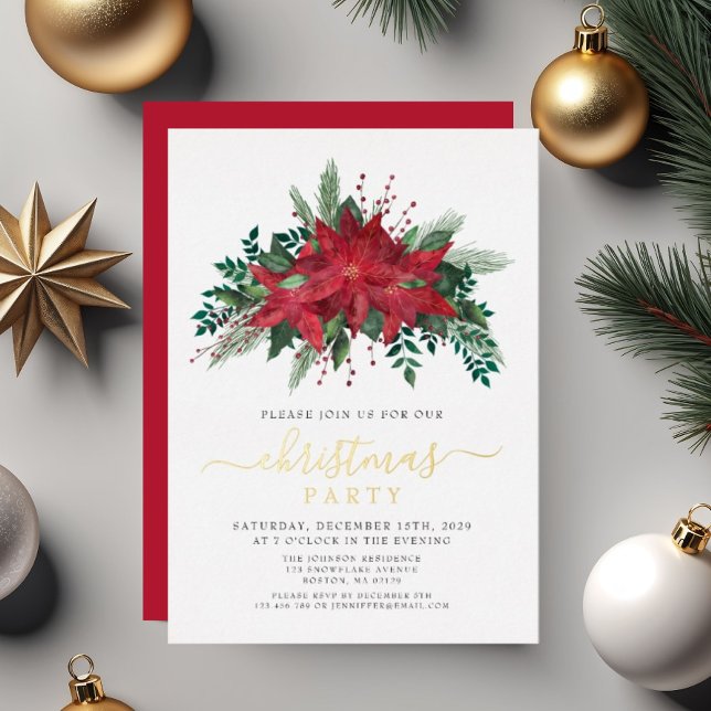 Festive Red Poinsettia Christmas Party (Festive Red Poinsettia Christmas Party Foil Invitation
)