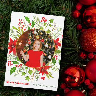 Festive Red Poinsettia Christmas Photo Magnet Card