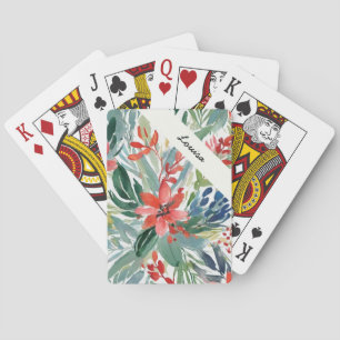 Festive Red Poinsettia Elegant Watercolor Flowers Playing Cards