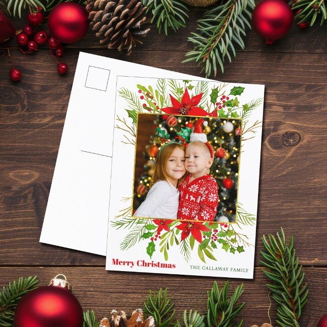 Festive Red Poinsettia Floral Christmas Kids Photo Holiday Postcard (Creator Uploaded)