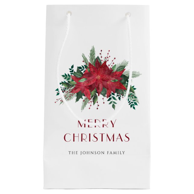 Festive Red Poinsettia Floral Christmas Small Gift Bag (Front)
