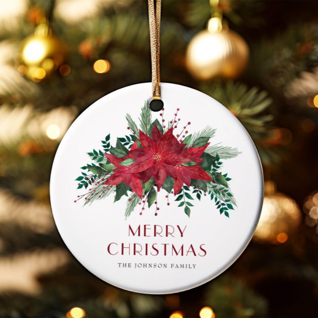 Festive Red Poinsettia Floral Merry Christmas Ceramic Ornament (Festive Red Poinsettia Floral Merry Christmas Ceramic Ornament)
