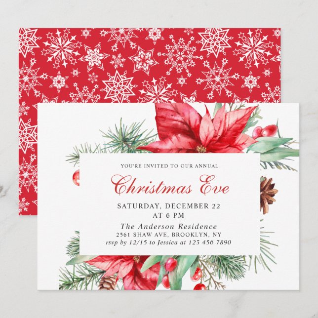Festive Red Poinsettia Holiday Christmas Eve Party Invitation (Front/Back)