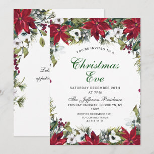 Festive Red Poinsettia Holiday Christmas Eve Party Invitation
