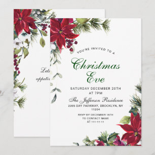 Festive Red Poinsettia Holiday Christmas Eve Party Invitation