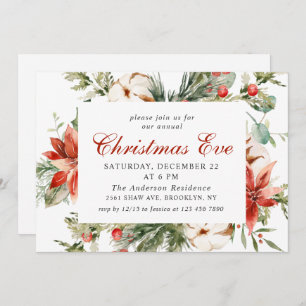 Festive Red Poinsettia Holiday Christmas Eve Party Invitation