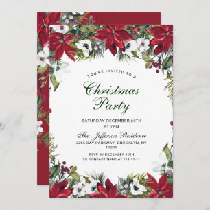 Festive Red Poinsettia Holiday Christmas Party Invitation