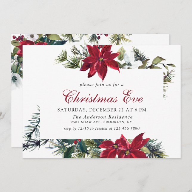 Festive Red Poinsettia Holiday Christmas Party Invitation (Front/Back)