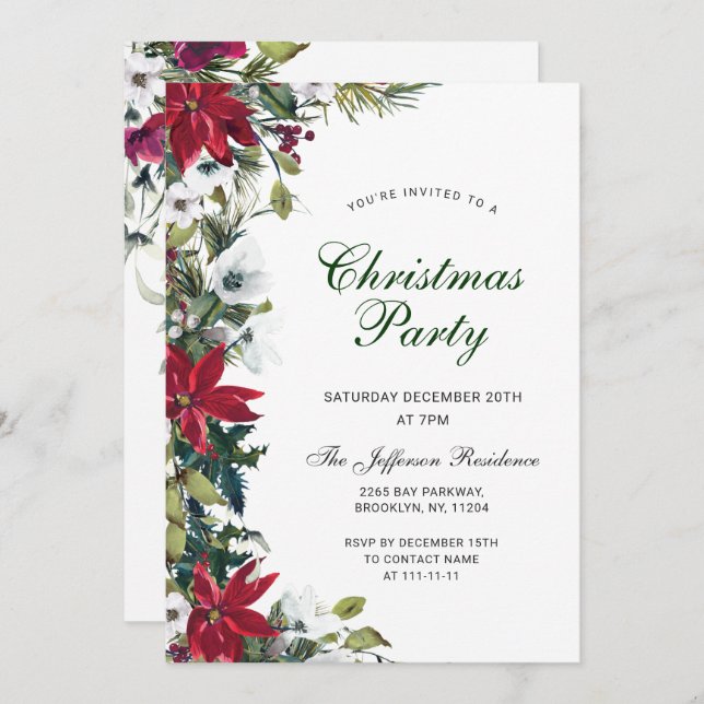 Festive Red Poinsettia Holiday Christmas Party Invitation (Front/Back)
