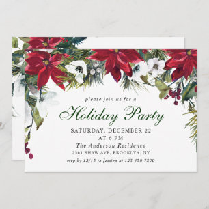 Festive Red Poinsettia Holiday Christmas Party Invitation