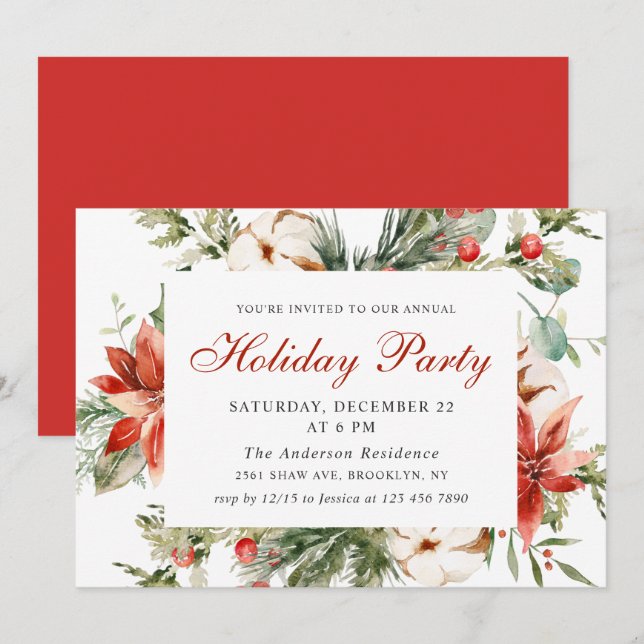 Festive Red Poinsettia Holiday Christmas Party Invitation (Front/Back)