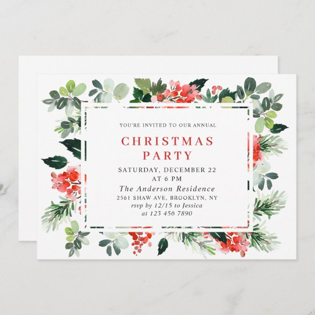 Festive Red Poinsettia Holiday Christmas Party Invitation (Front/Back)