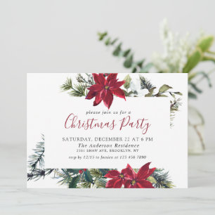 Festive Red Poinsettia Holiday Christmas Party Invitation