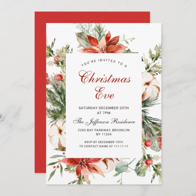 Festive Red Poinsettia Holiday Christmas Party Invitation (Front/Back)