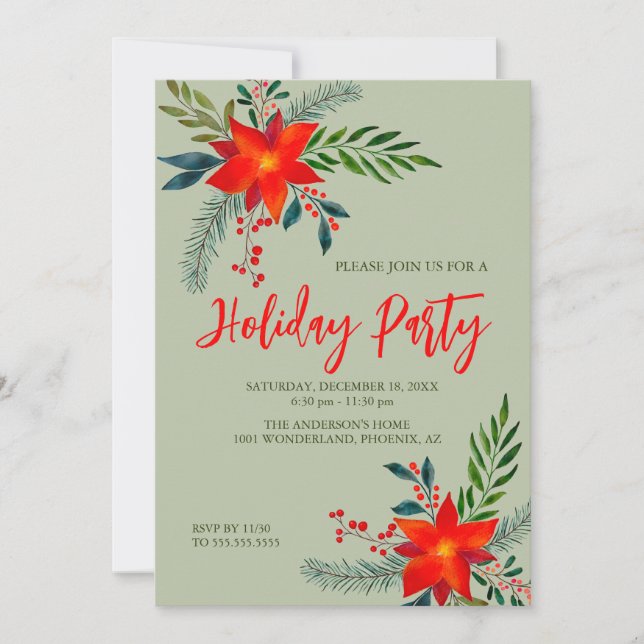  Festive Red Poinsettia Holiday Party Watercolor  Invitation (Front)