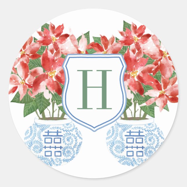 Festive Red Poinsettia Monogram Christmas Holidays Classic Round Sticker (Front)
