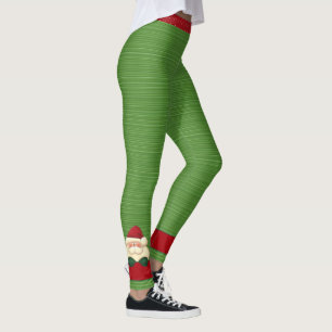 Festive Red Polka Dots and Green Stripes Santa Leggings