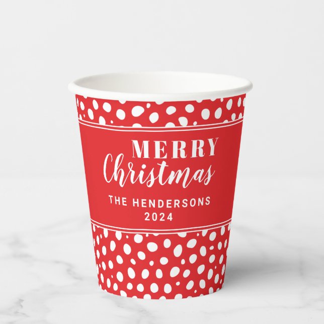 Festive Red Polka Dots Personalised Christmas Paper Cups (Front)