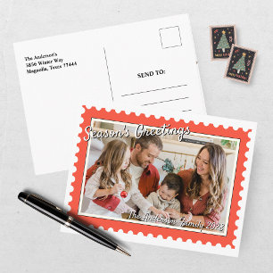 Festive Red Postage Stamp Photo Christmas Holiday Postcard