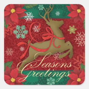 Festive Red Reindeer Stickers,Seasons Greetings Square Sticker