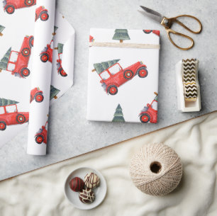 Festive Red Retro Car & Christmas Tree Pattern Wrapping Paper