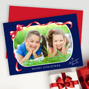 Festive Red Ribbon and Bow Curved Photo Christmas Holiday Card