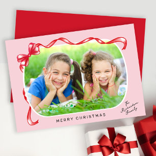Festive Red Ribbon and Bow Curved Photo Christmas Holiday Card